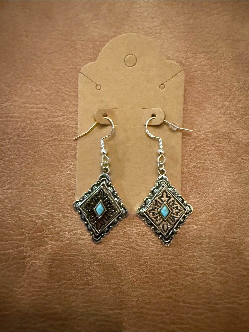 Western Turquoise Accent Silver-Tone Diamond Drop Earrings - W/ 925 hooks